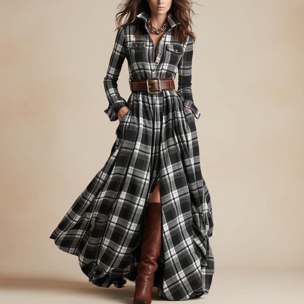 Women's Plus Size Plaid Print Long Sleeve Shirt Dress with Pockets
