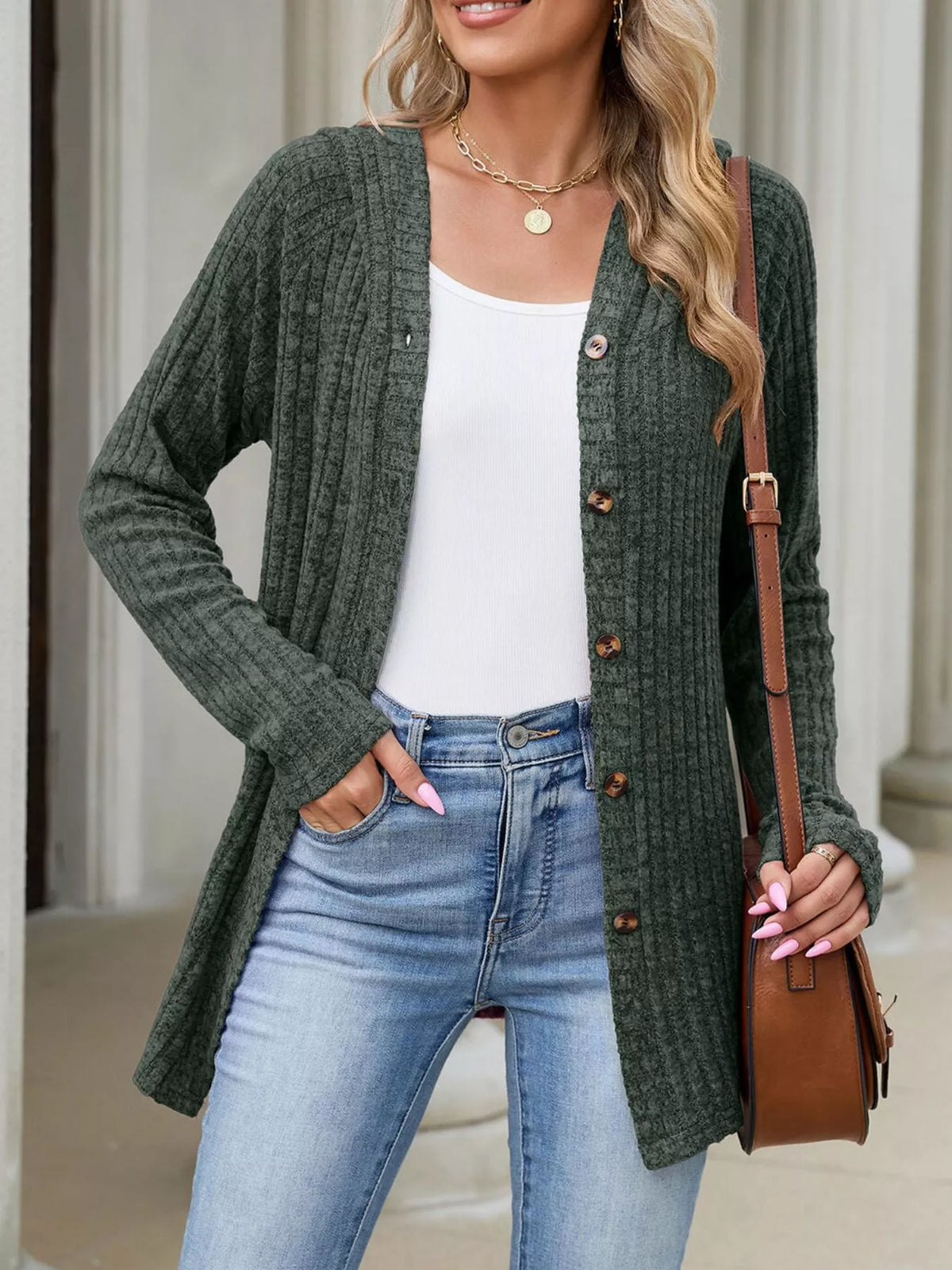 Ribbed Knit Hooded Button-Down Cardigan