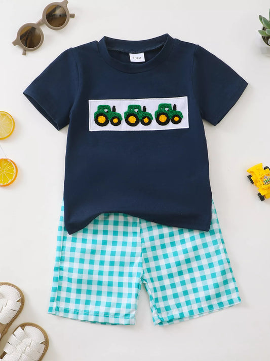 Children's Tractor Applique T-Shirt and Gingham Shorts Set