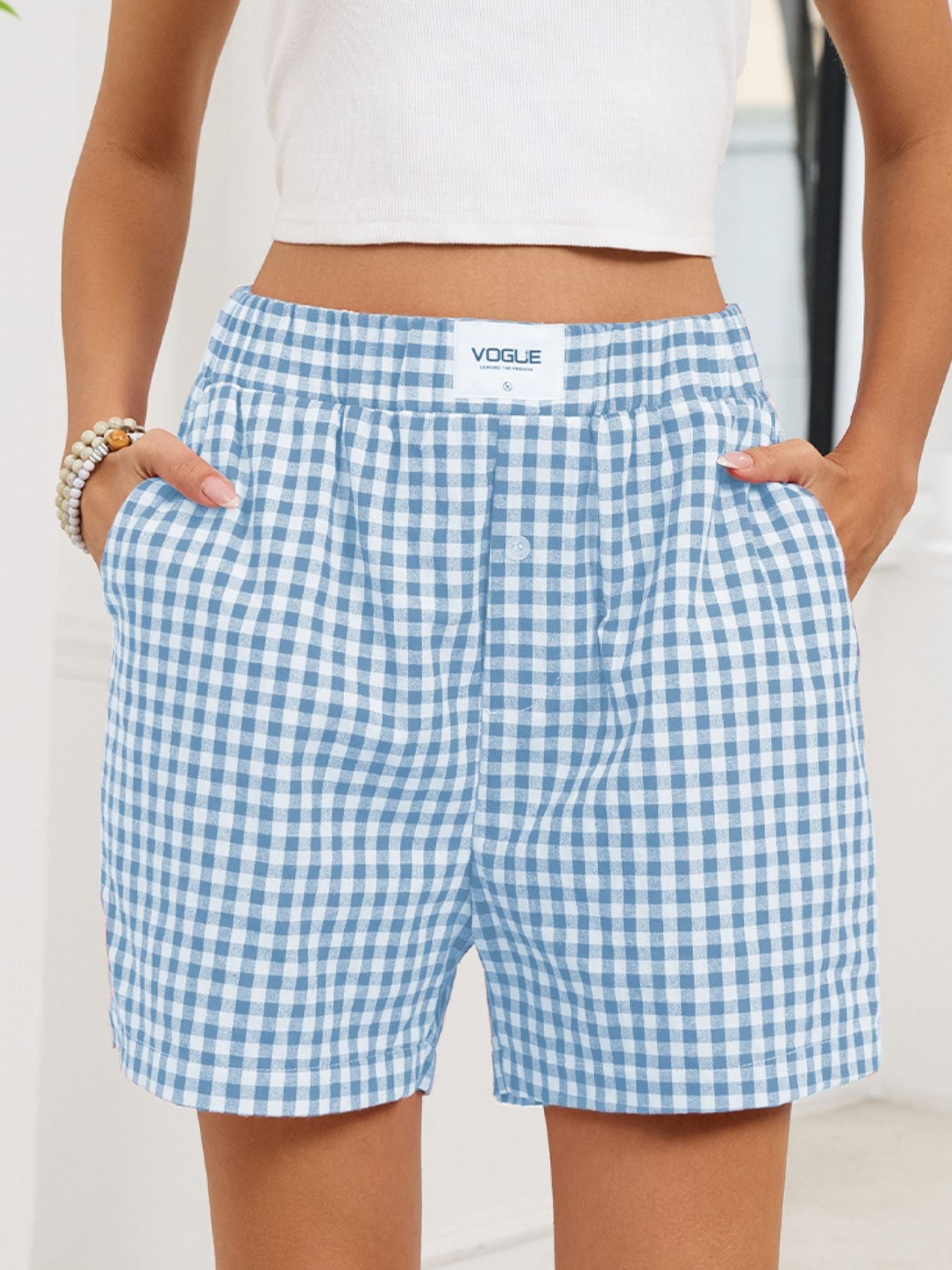 Gingham Elastic Waist Casual Shorts