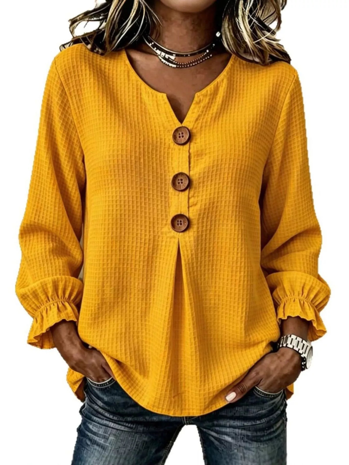 Full Size Waffle Knit Flounce Sleeve Blouse Plus Size