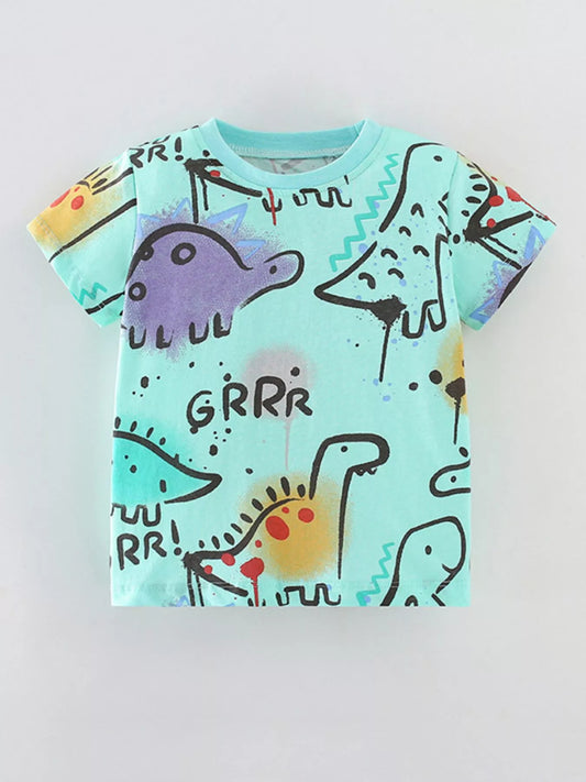 Children's Dinosaur Print Crew Neck Short Sleeve T-Shirt