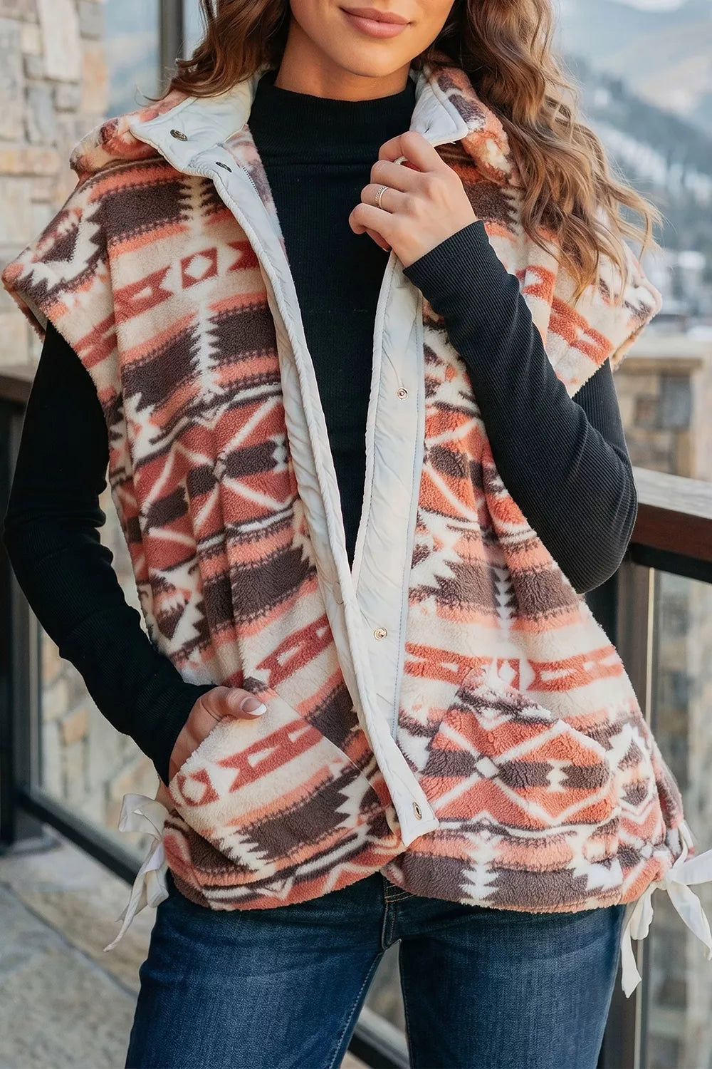 Geometric Print Fleece Metal Button Placket Shift Silhouette Vest