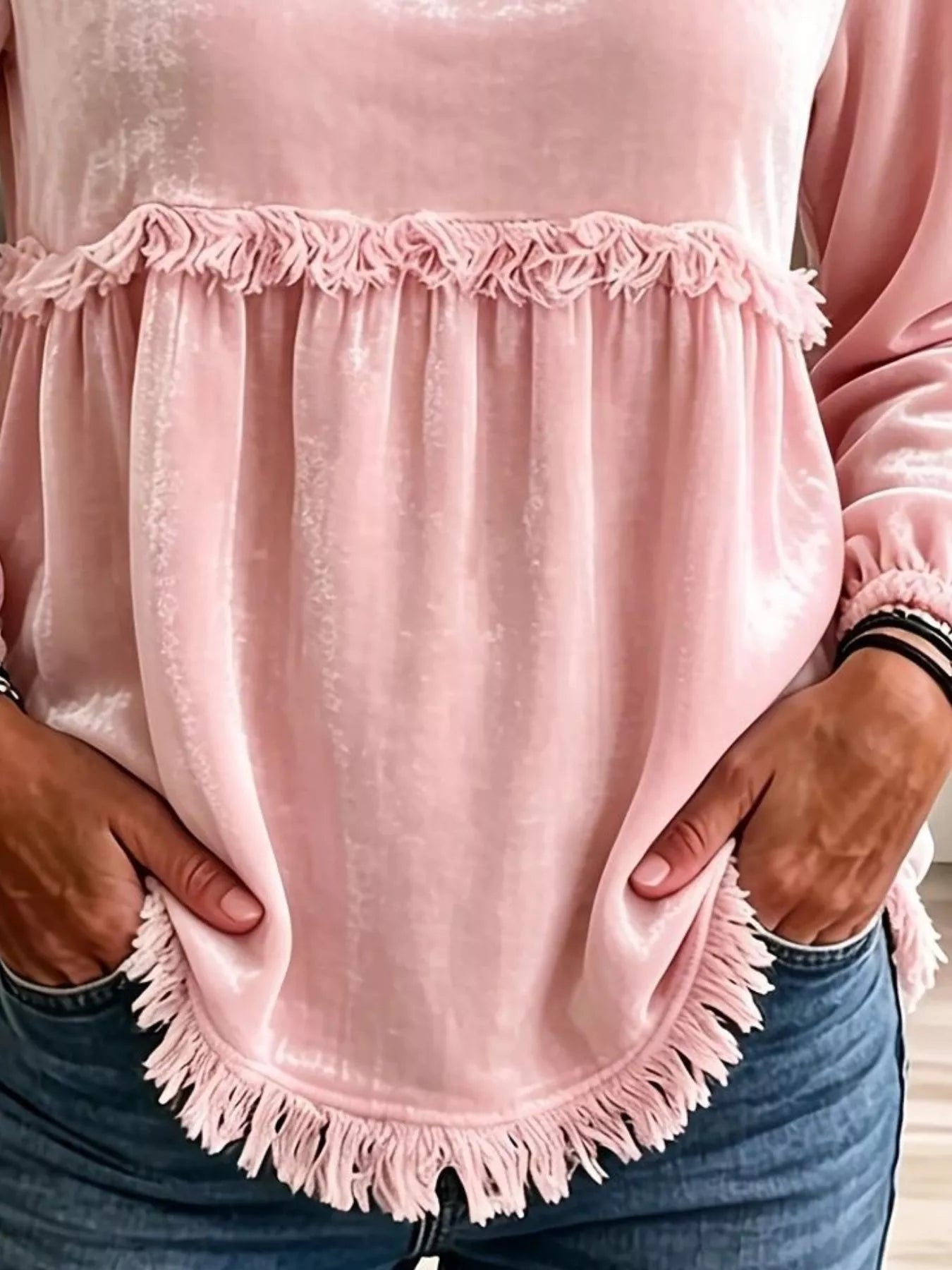 Fringed Hem Long Sleeve T-Shirt
