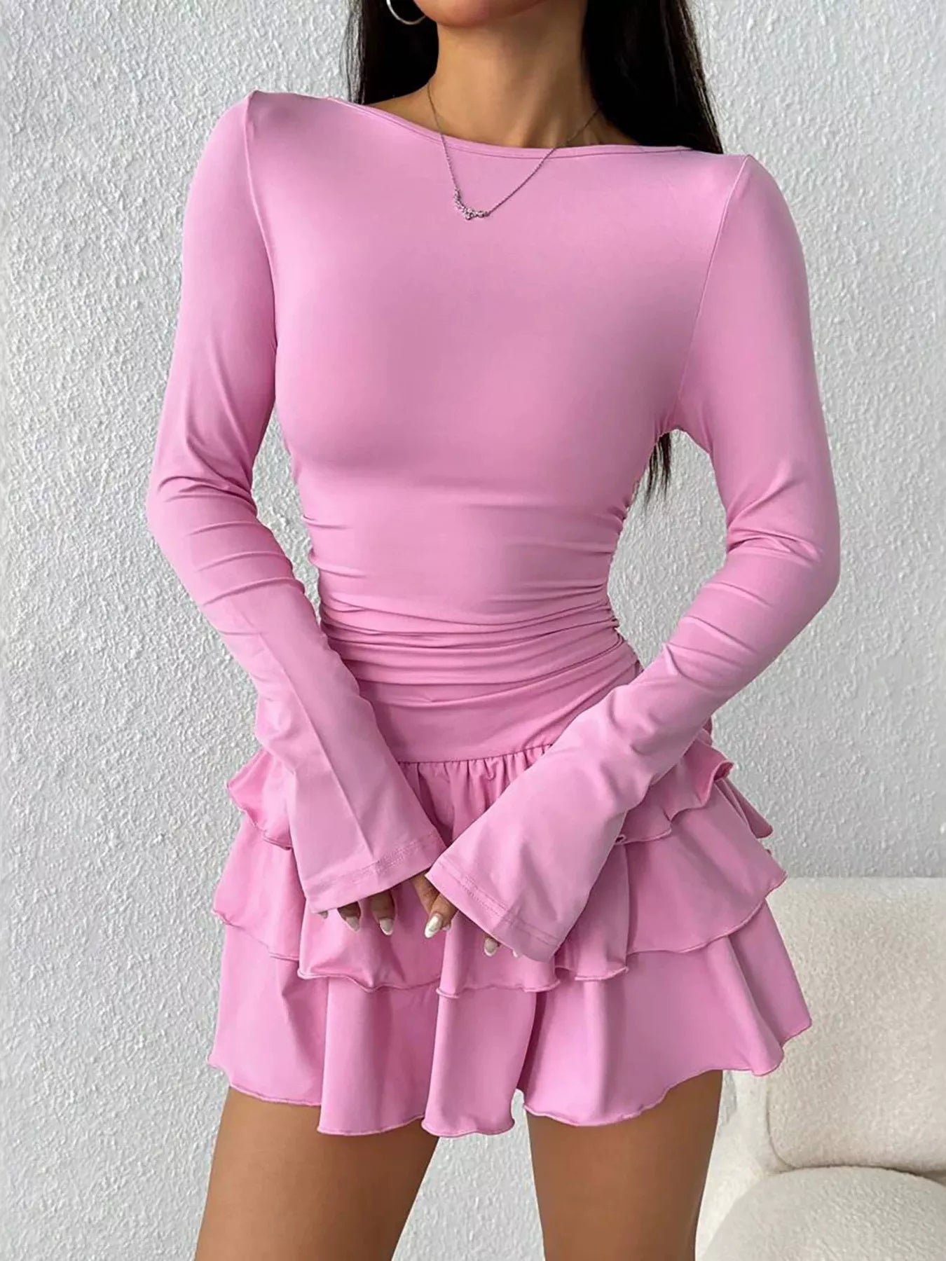 Ruched Long Sleeve Layered Ruffle Mini Dress