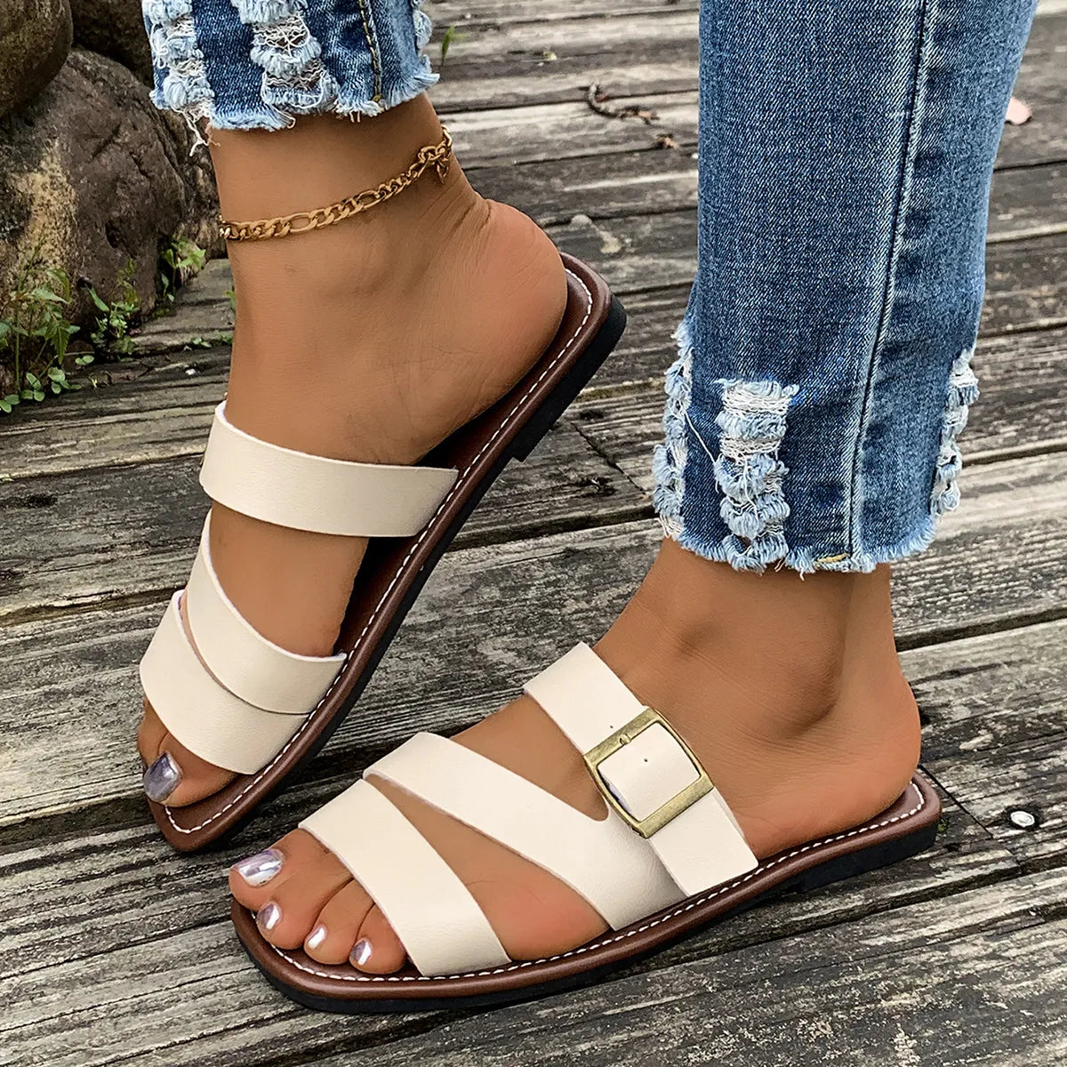 Open Toe Buckle Flat Sandals