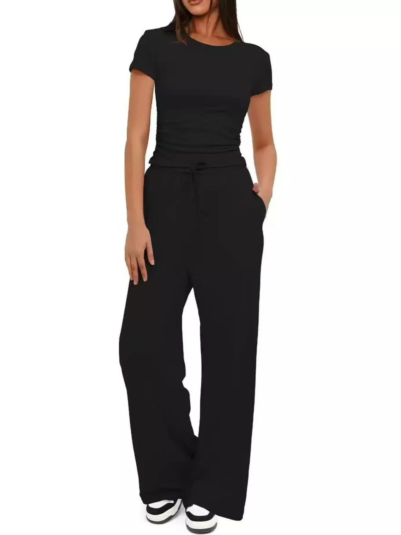 Round Neck Short Sleeve Top and Pants Set