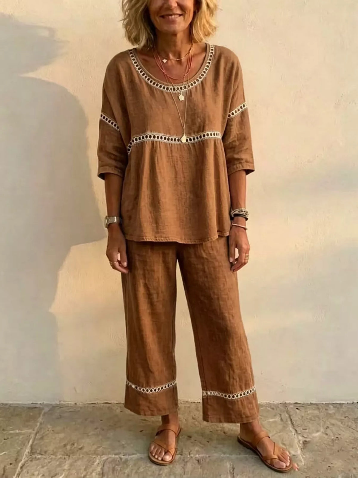 Full Size Hollow-Out Detailing Top and Pants Set Plus Size