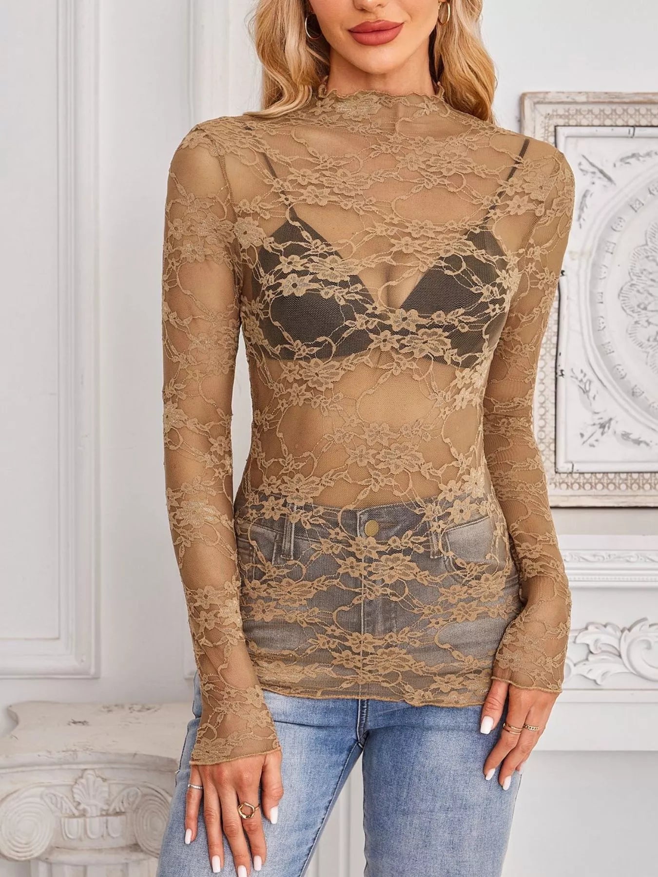 Sheer Floral Lace Long Sleeve Top
