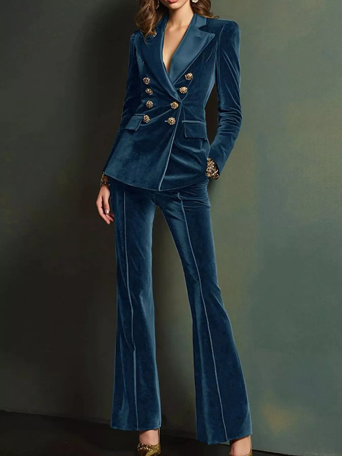 Velvet Double-Breasted Blazer and Flare Pant Set
