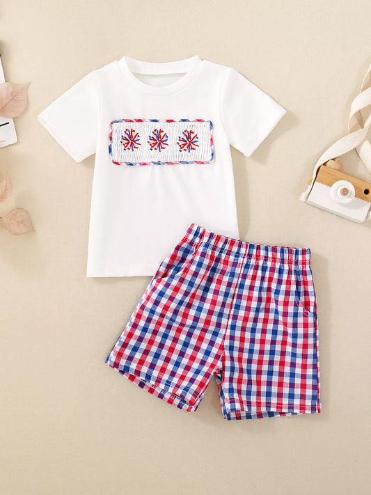 Children's Fireworks Round Neck Tee and Plaid Shorts Set