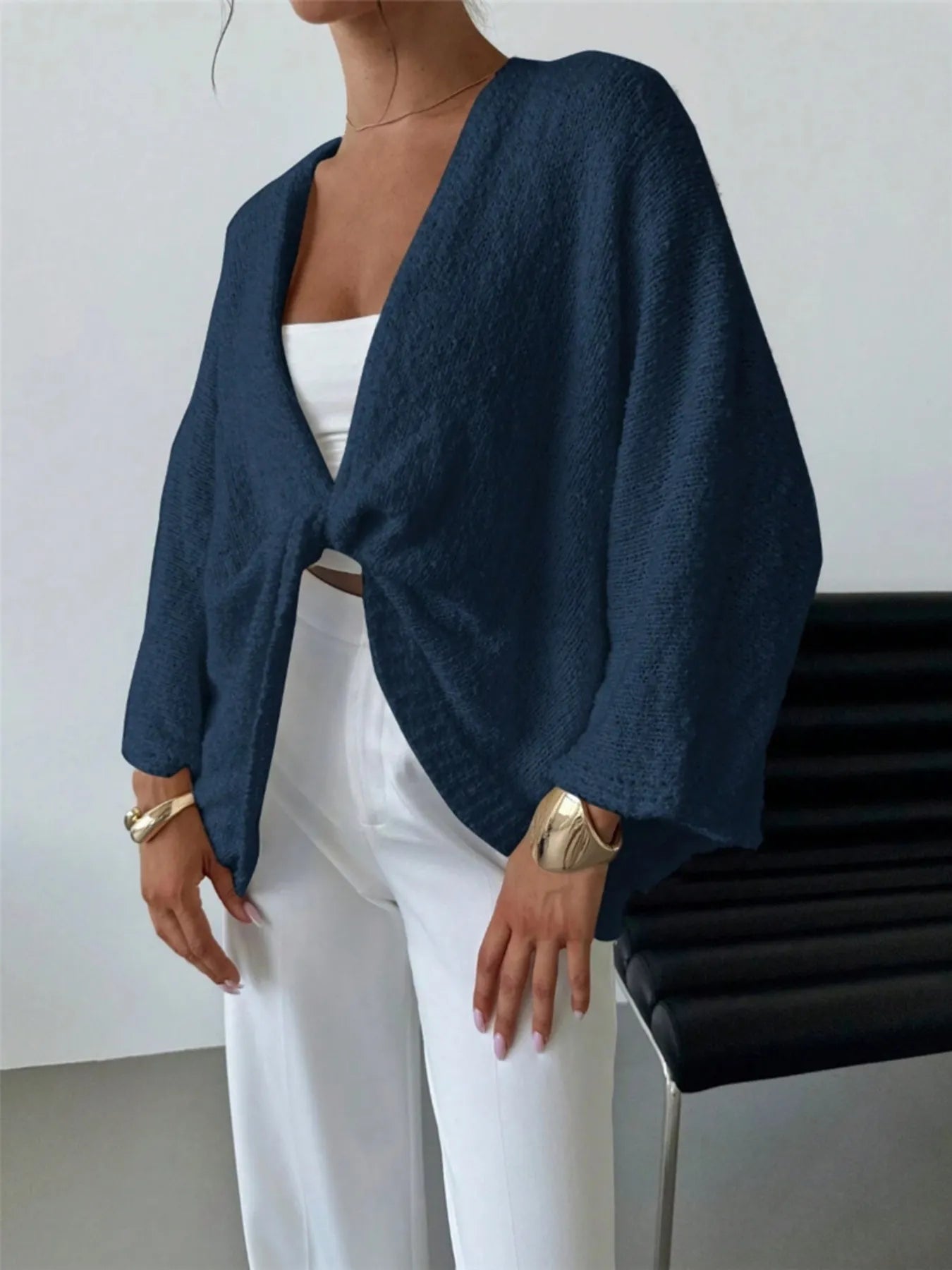 Twist-Front Textured Knit Cardigan