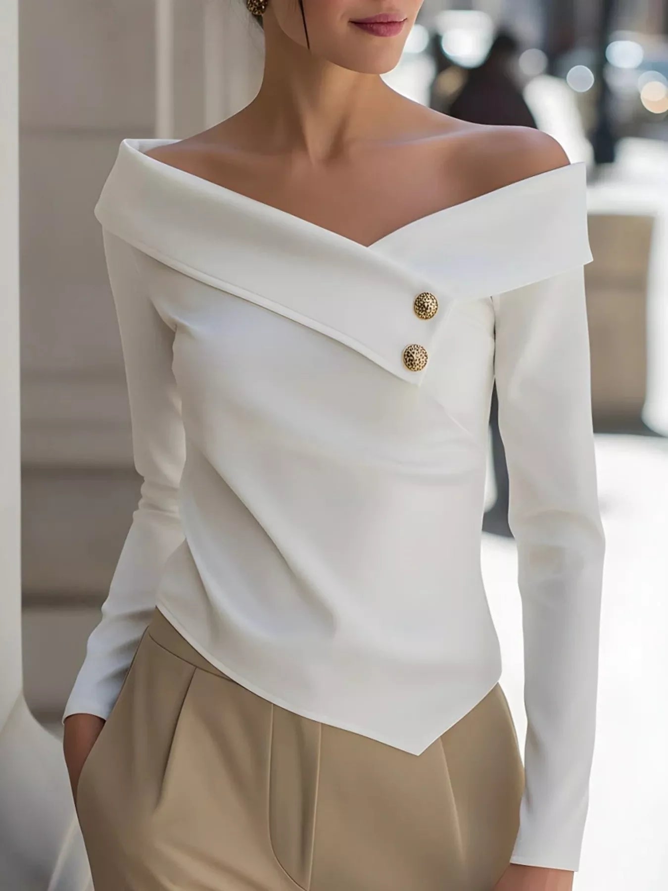 Elegant Off-the-Shoulder Blouse with Decorative Buttons