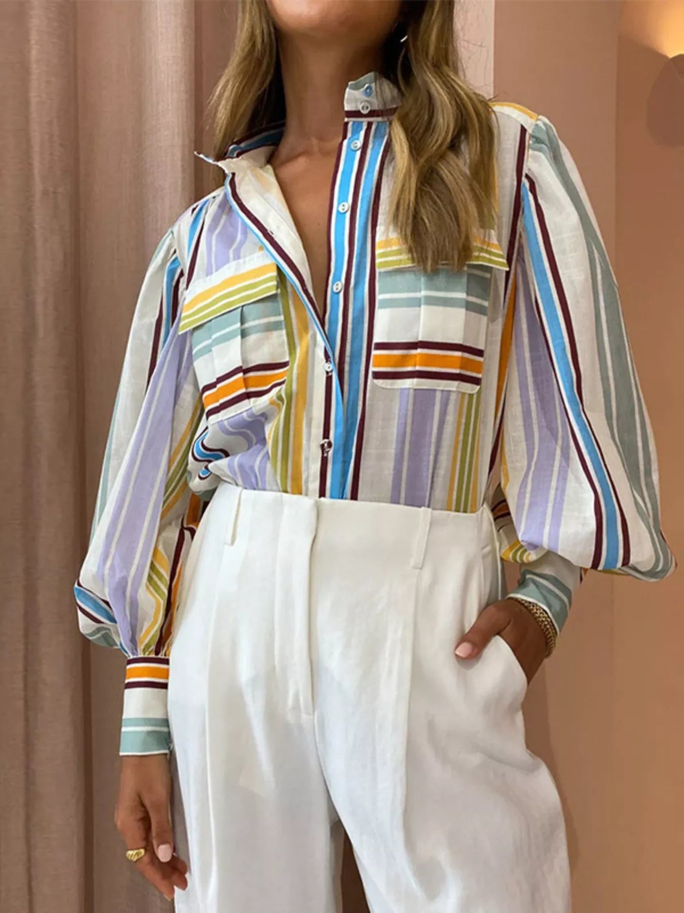 Full Size Printed Lantern Sleeve Button Up Shirt Plus Size