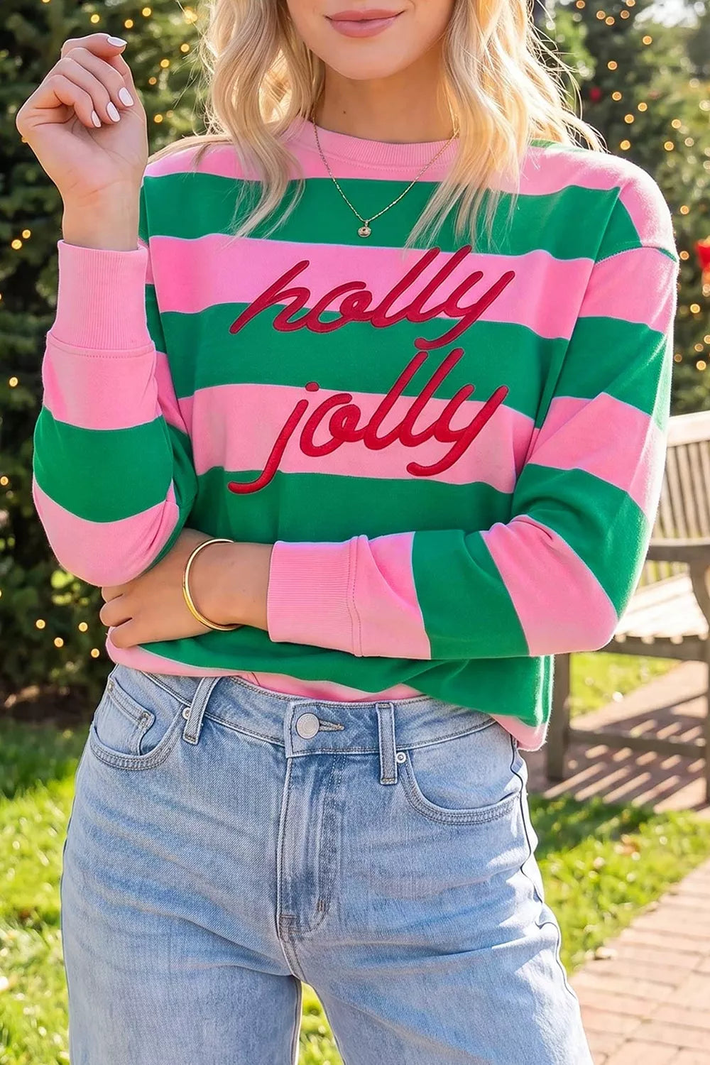 Stripe holly jolly Letter Embroidered Pullover Sweatshirt
