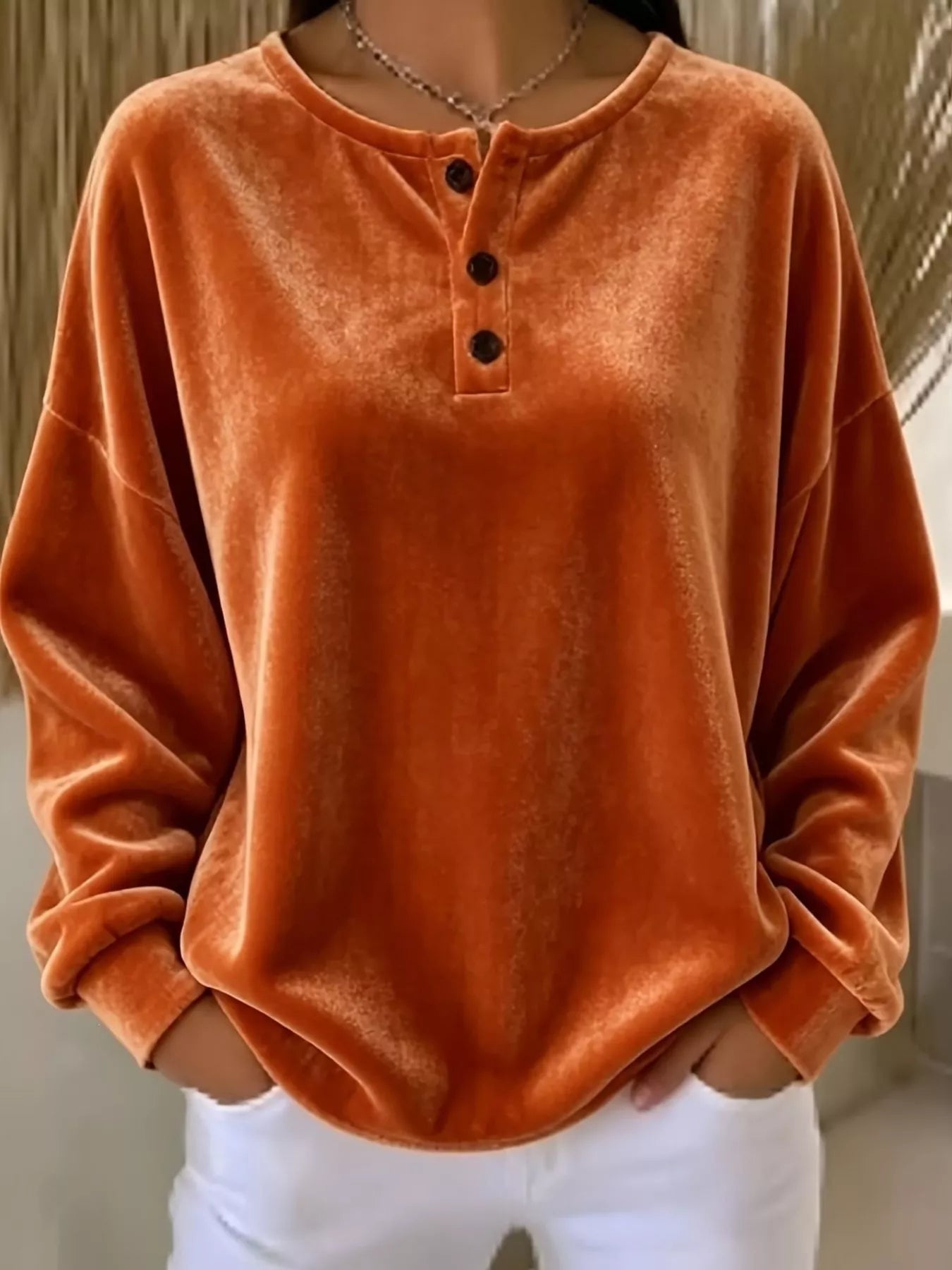 Velvet Henley Top with Button Detail