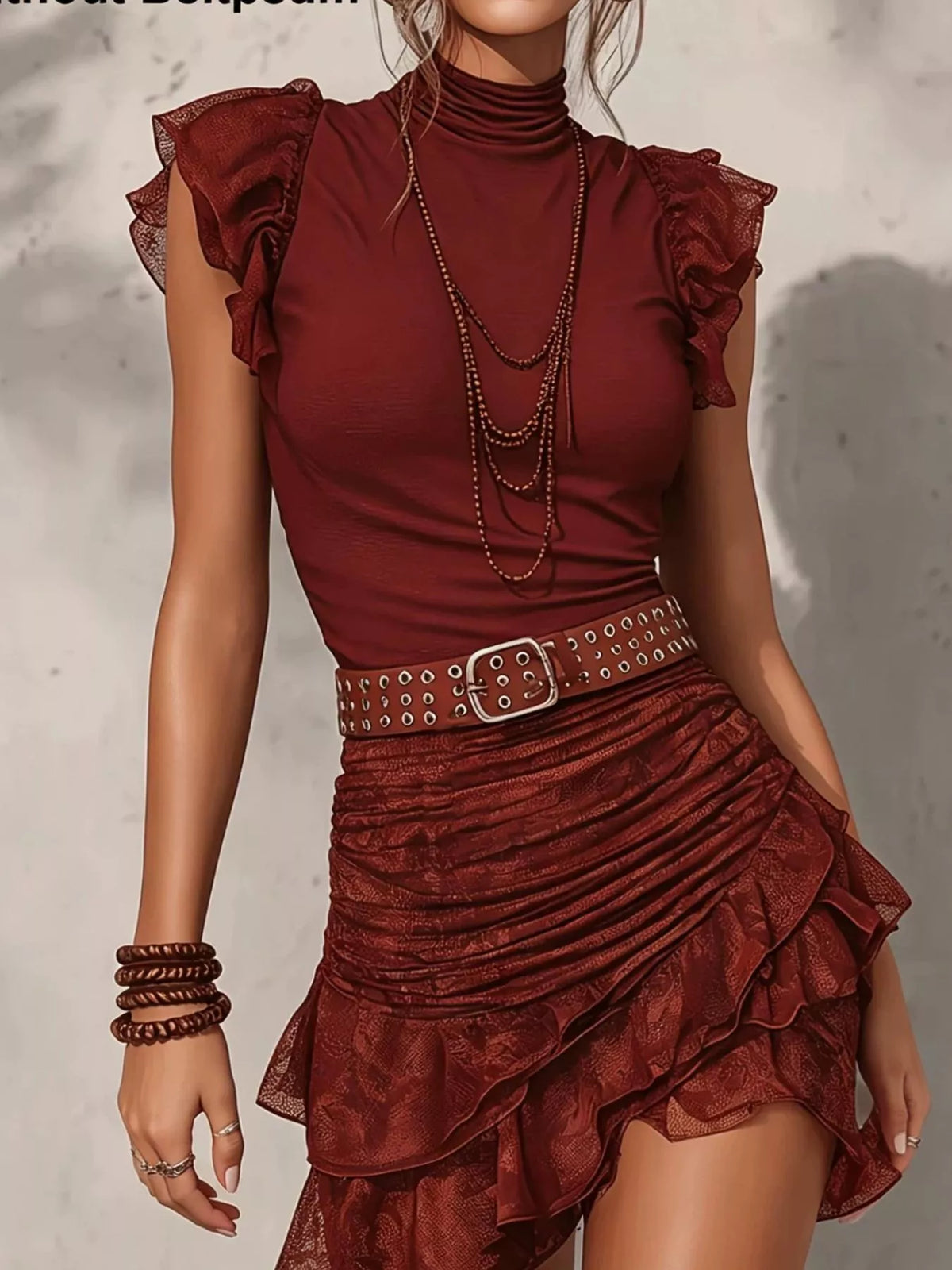 Mock Neck Ruffle Sleeve Top and Ruched Skirt Set