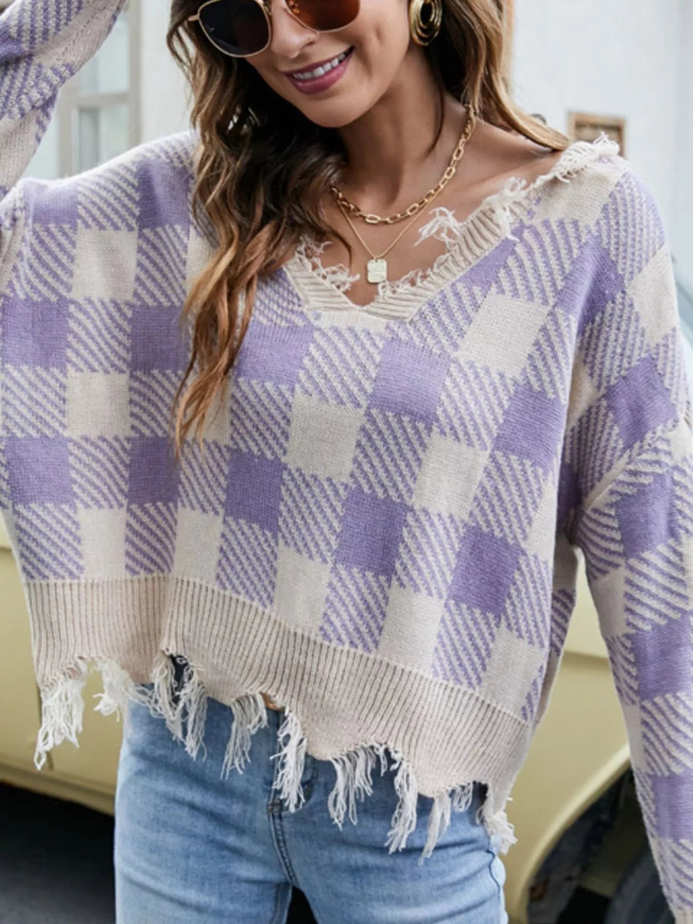 Frayed Hem Long Sleeve Sweater