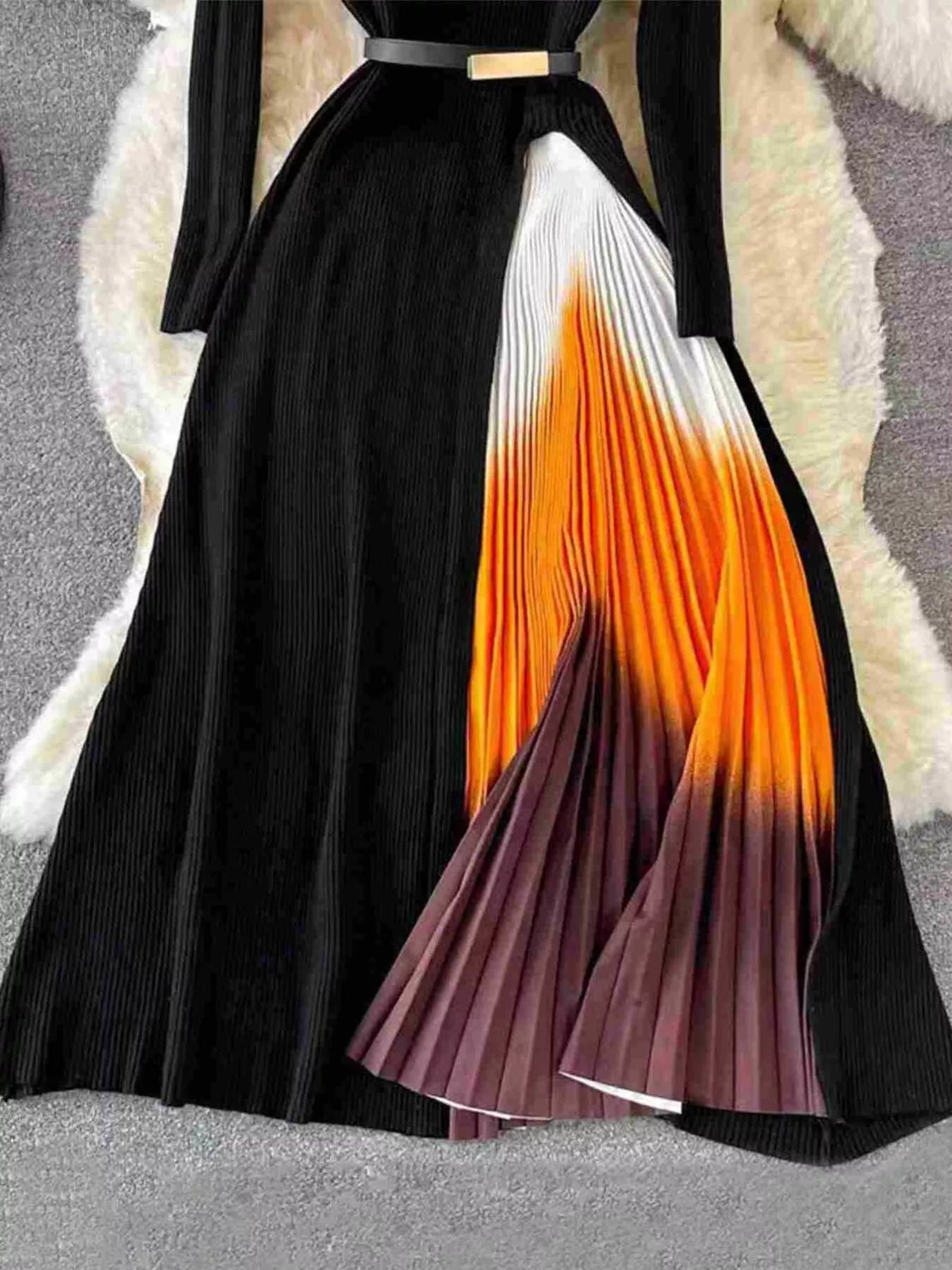 Long-Sleeve Pleated Gradient Hem Dress