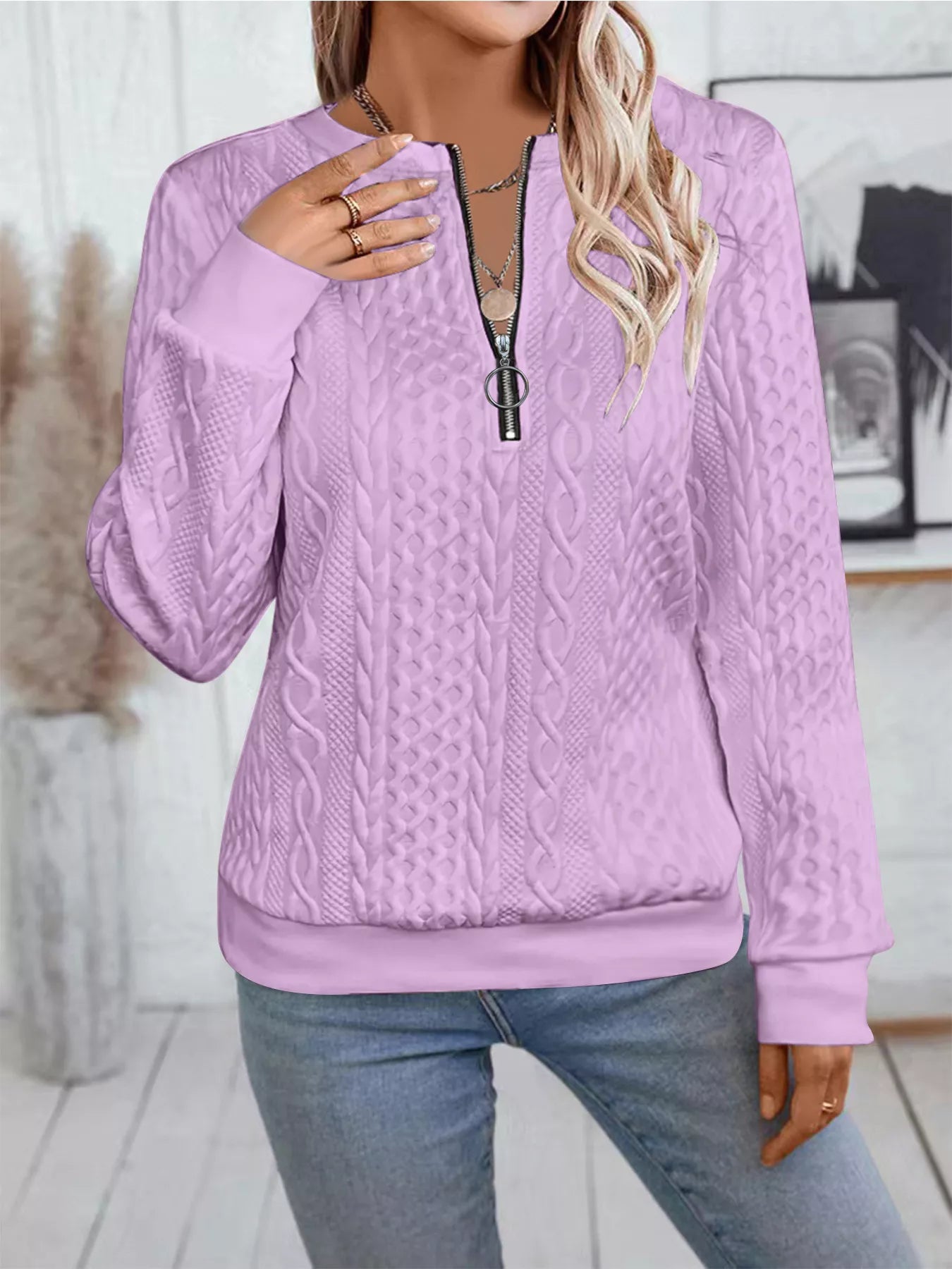 Chic Cable Texture Quarter-Zip Sweatshirt