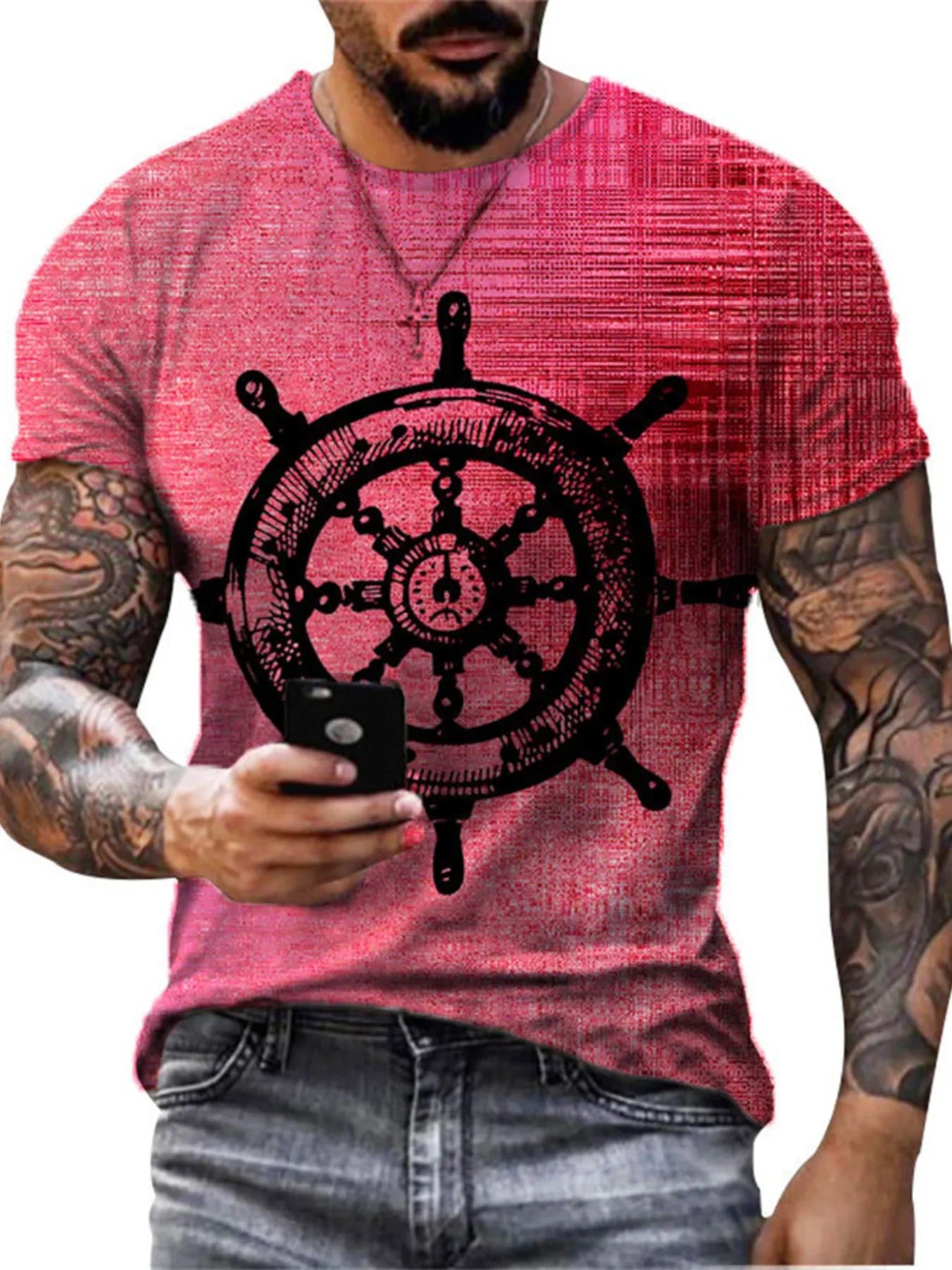 Men's Full Size Artistic Compass Graphic Round Neck T-Shirt Plus Size