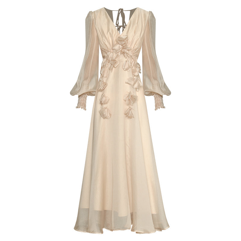 V-neck Lantern Long Sleeve Lace-up Flower Flowing Large Swing Long Dress D