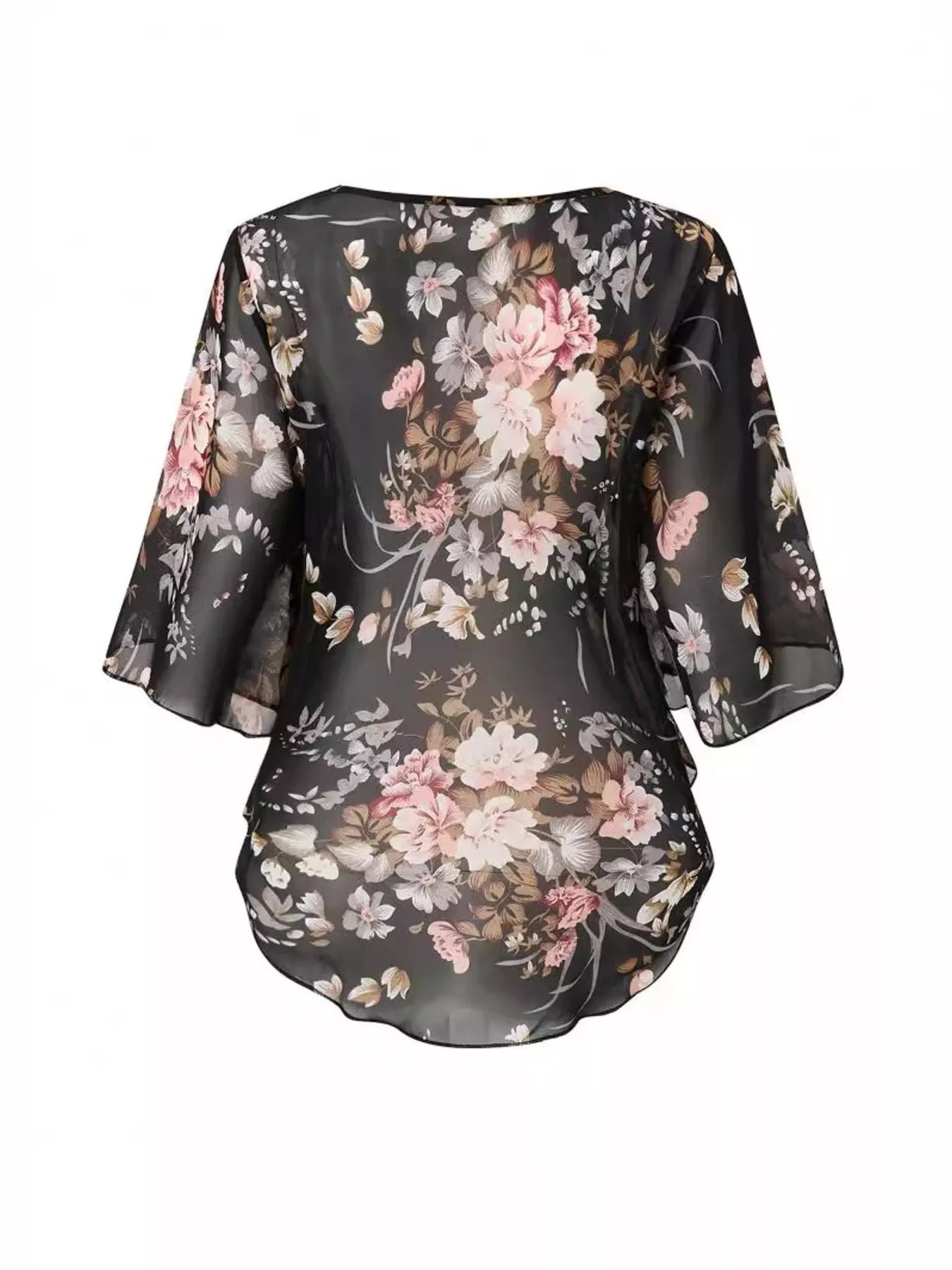 Sheer Floral Print Blouse with Flutter Sleeves