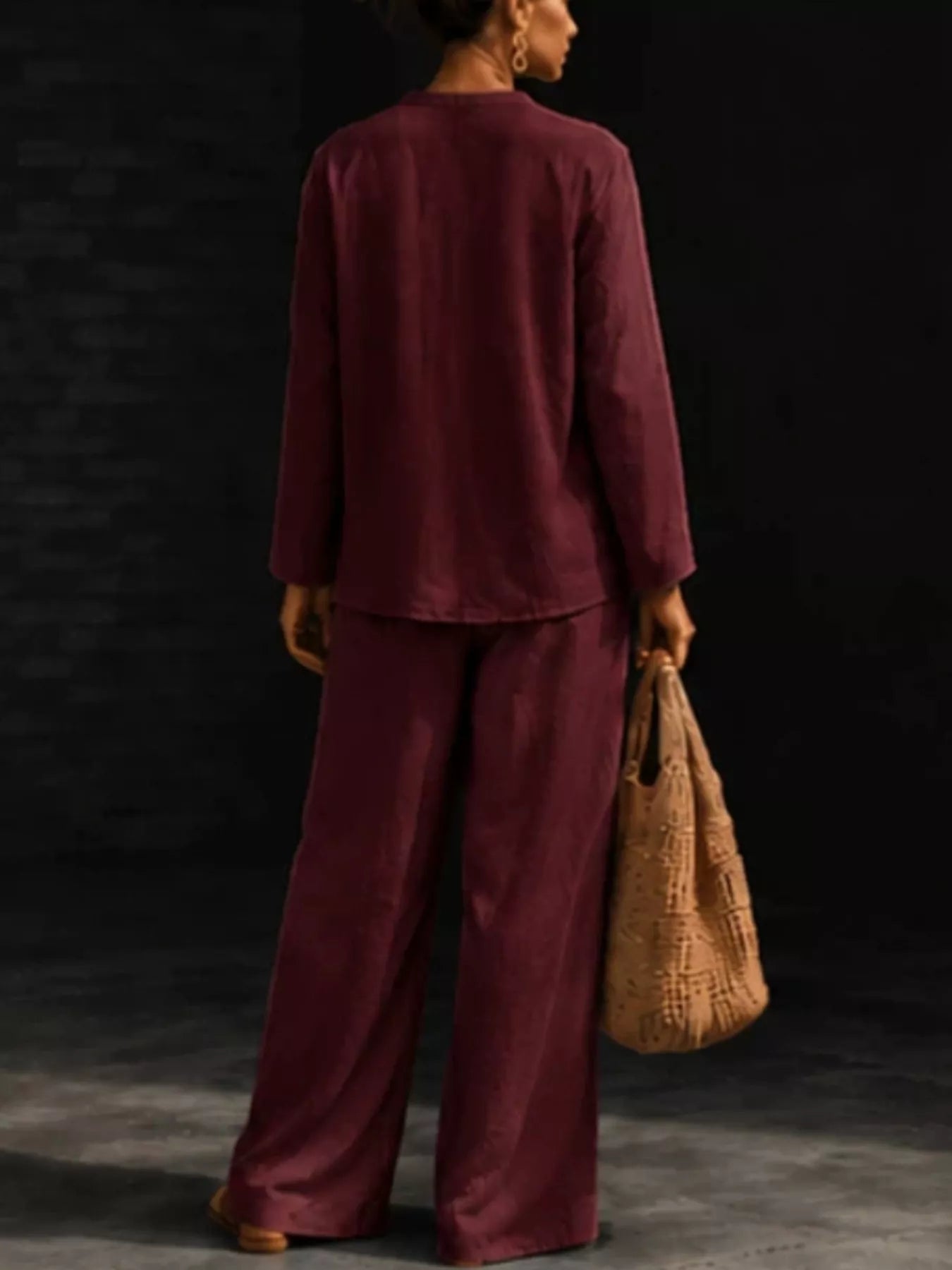 Notched Long Sleeve Top and Pants Set