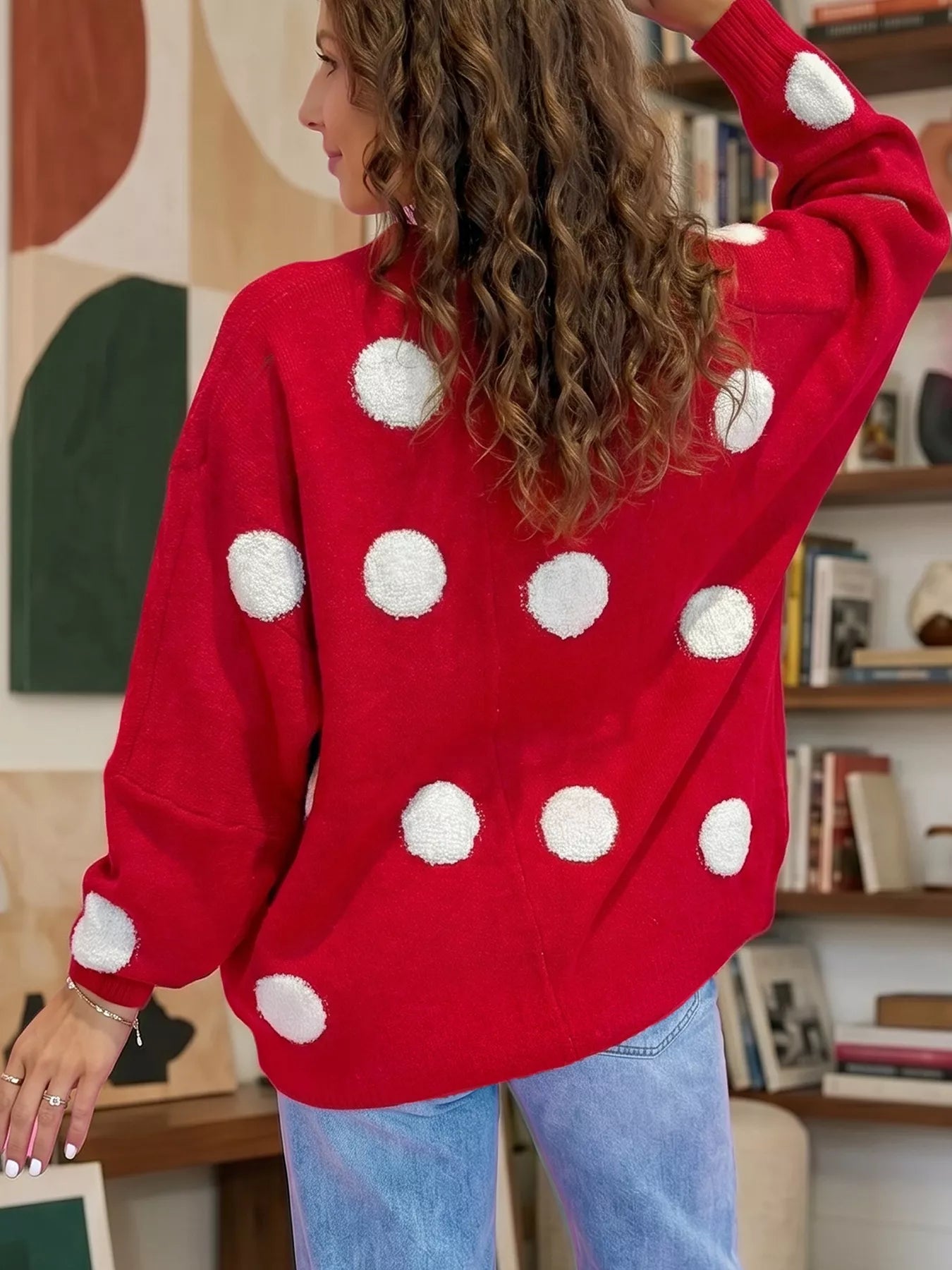 Polka Dot Button Front Oversized V Neck Cardigan