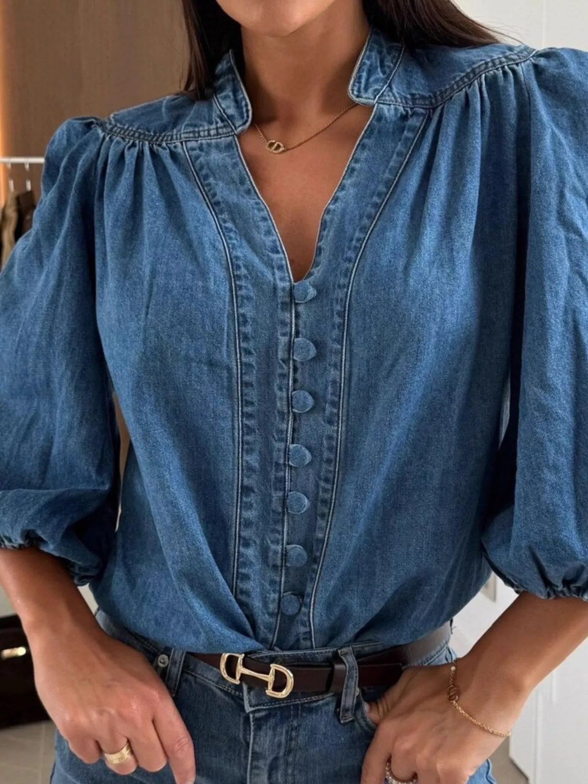 Button-Down Puff Sleeve Denim Top