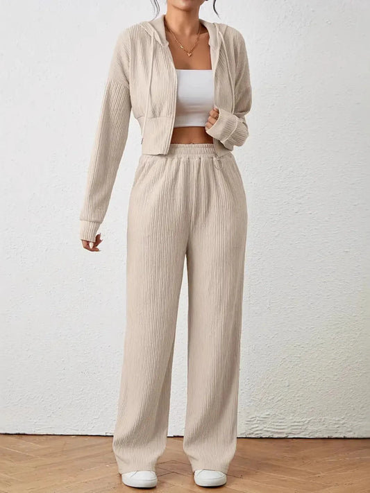 Drawstring Zip Up Hooded Top and Pants Set