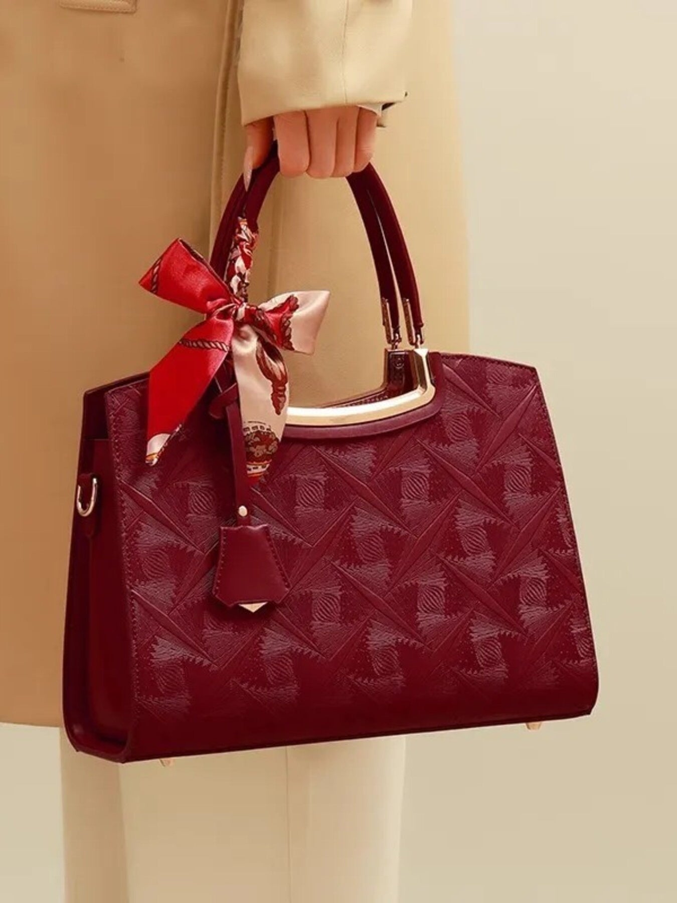 Embossed Leather Top Handle Handbag