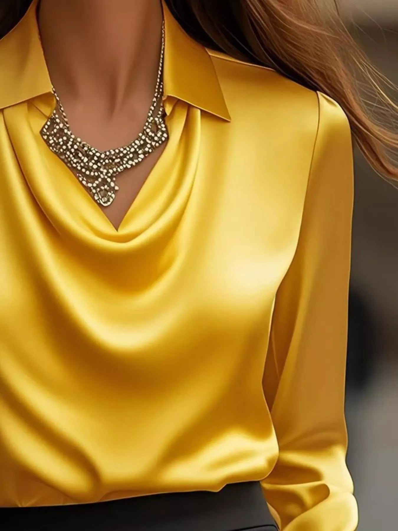 Ruched Long Sleeve Drape Collar Blouse