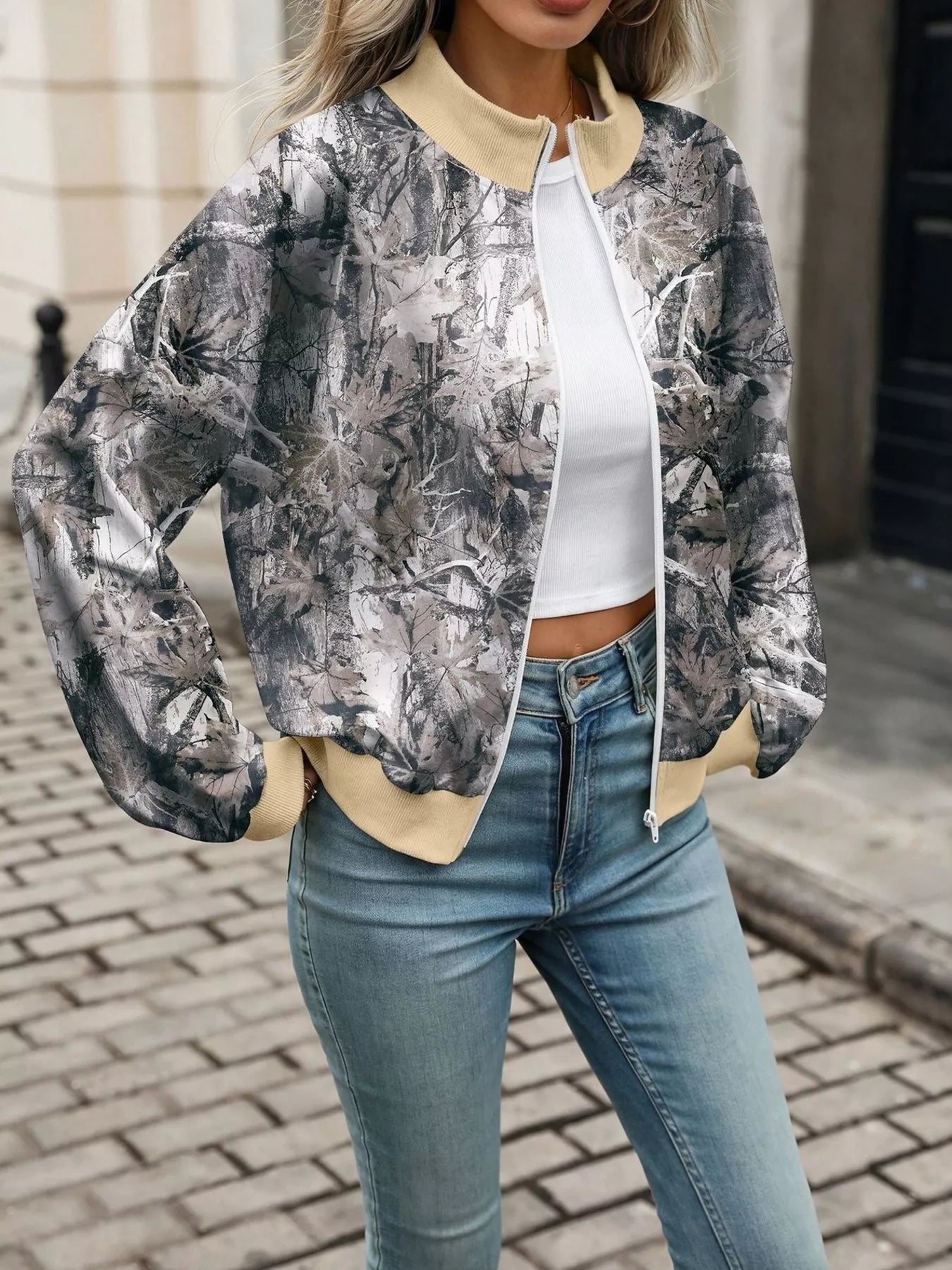 Printed Zip Up Long Sleeve Sweatshirt