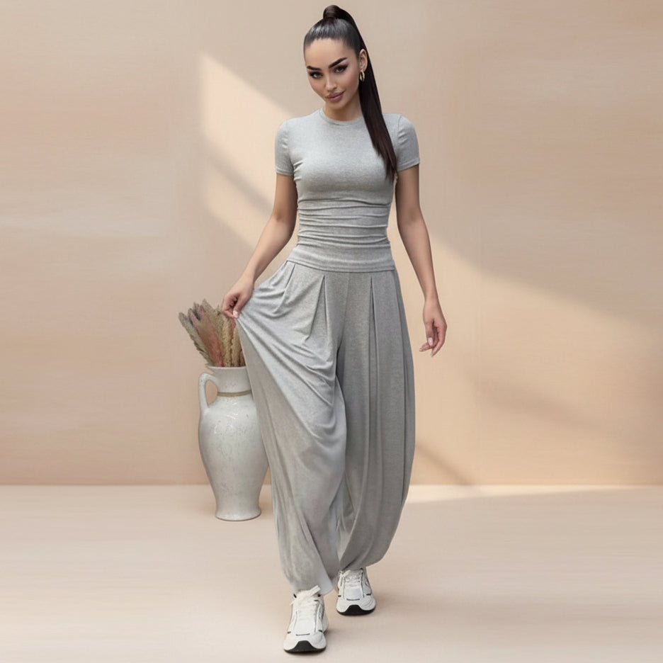 Women's Short Sleeve Fitted Tee & Wide-Leg Harem Pants Set
