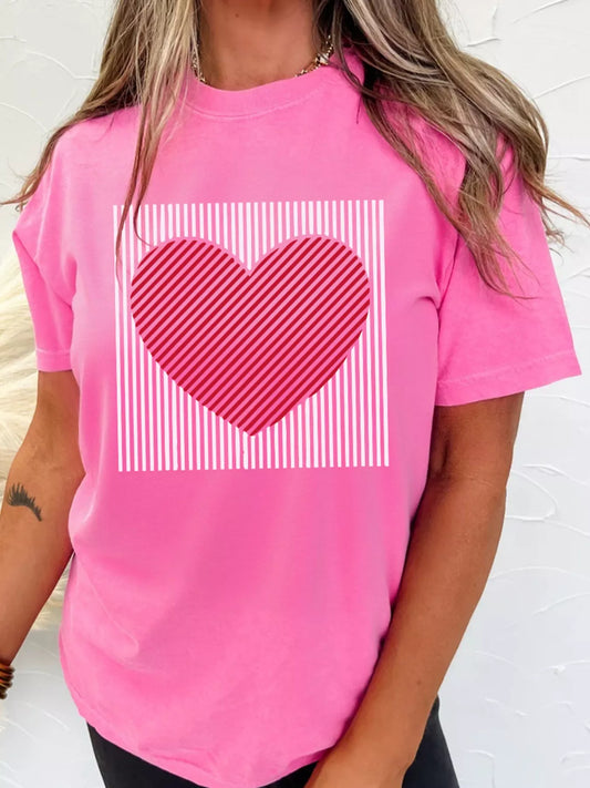 Contrast Striped Heart Printed Valentines Day T Shirt