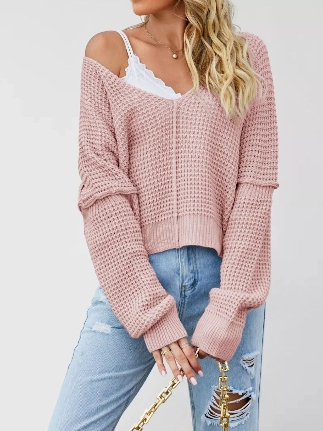 Waffle Knit Dropped Shoulder Sweater