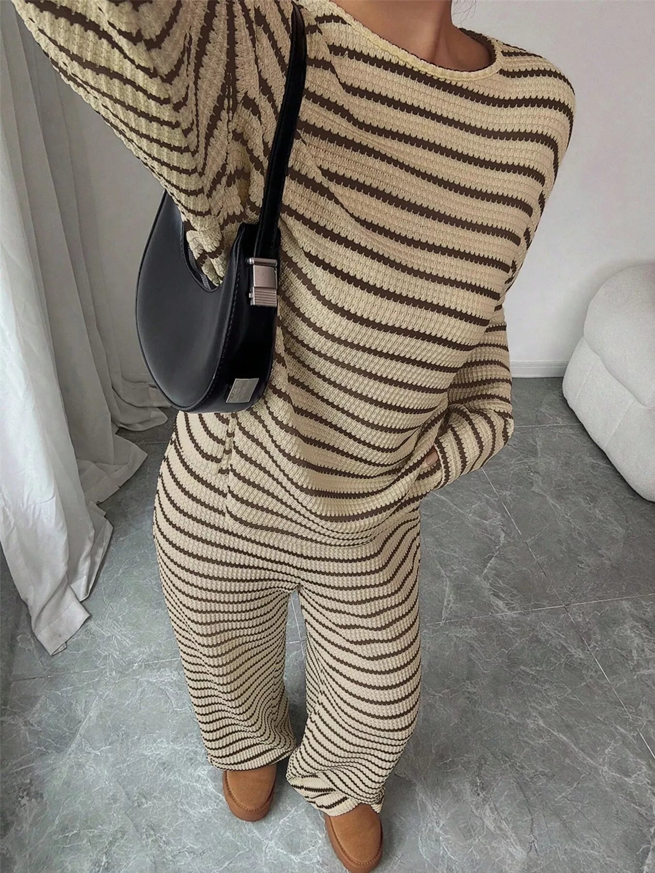 Striped Knit Dropped Shoulder Top and Pants Set