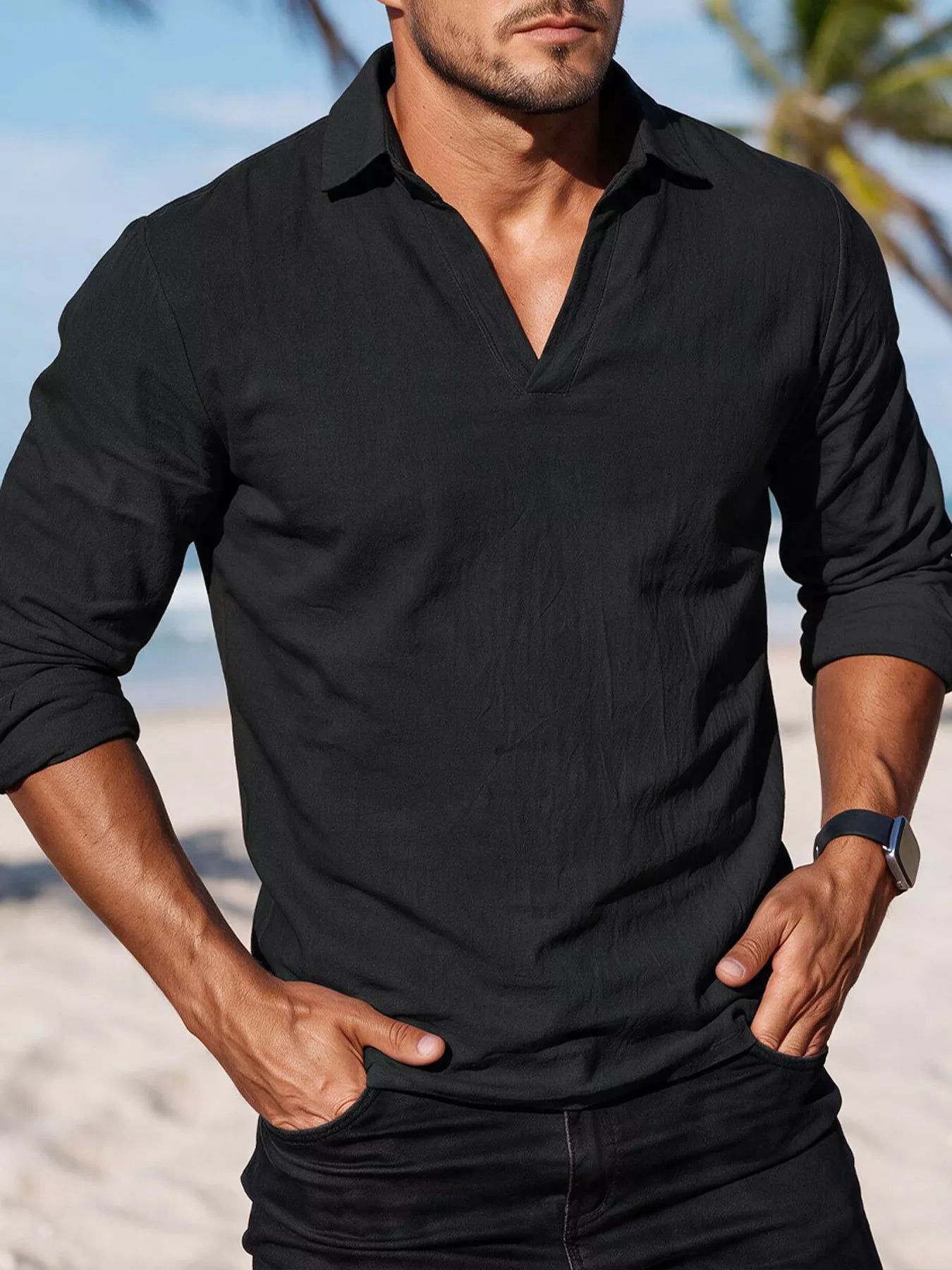 Men's Full Size Casual Long Sleeve Linen-Blend Shirt Plus Size