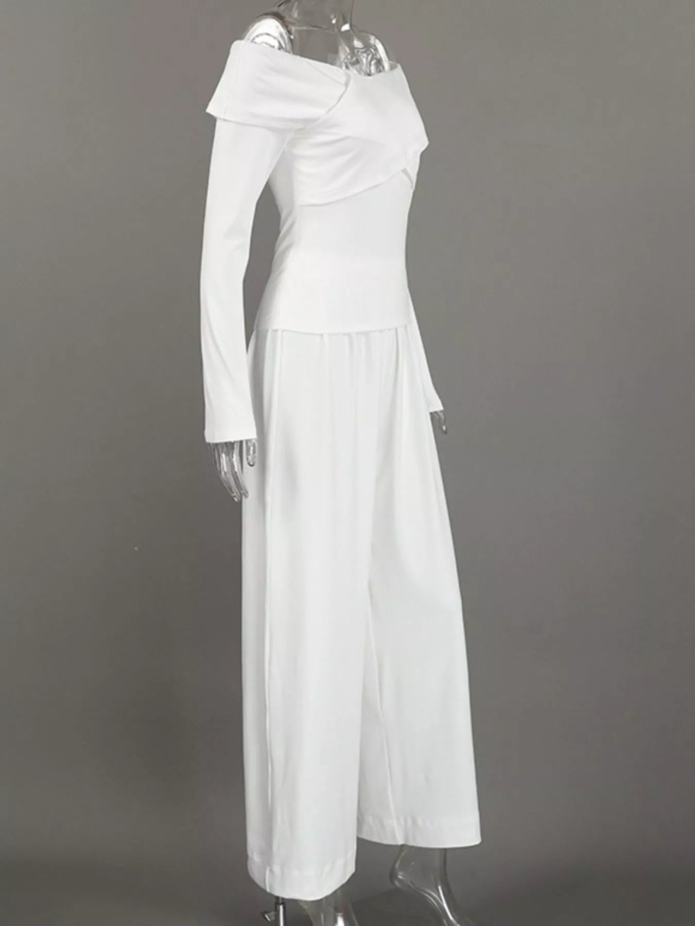 Off-Shoulder Long Sleeve Top and Wide-Leg Pants Set