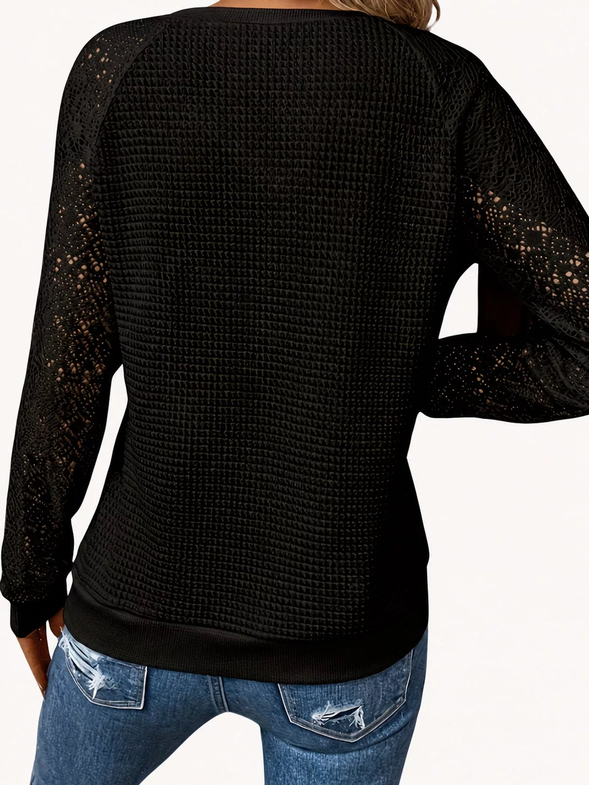 Waffle Knit Lace Sleeve T-Shirt