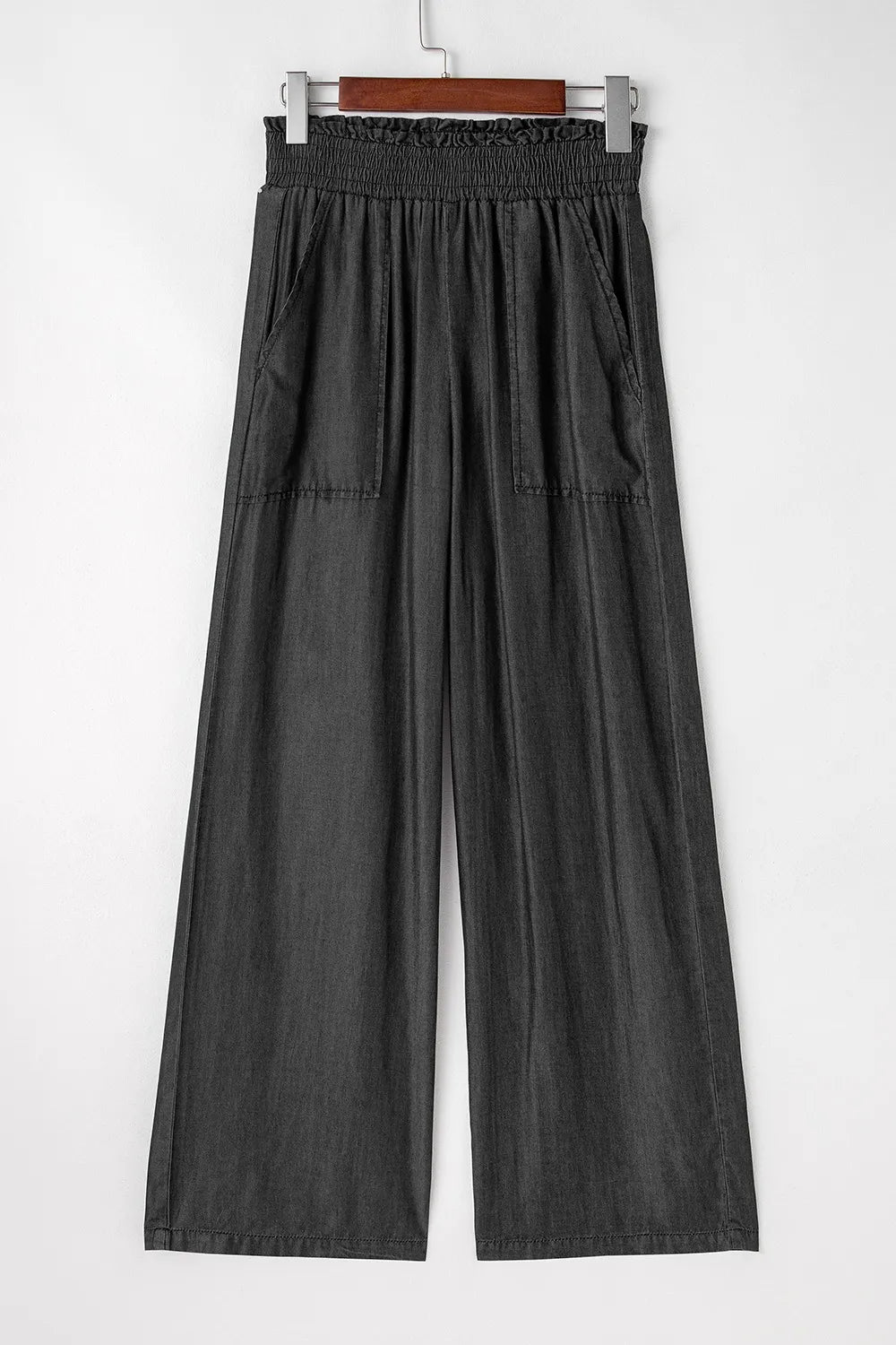 Side Pockets Frilled Smocked High Waist Wide Leg Pants