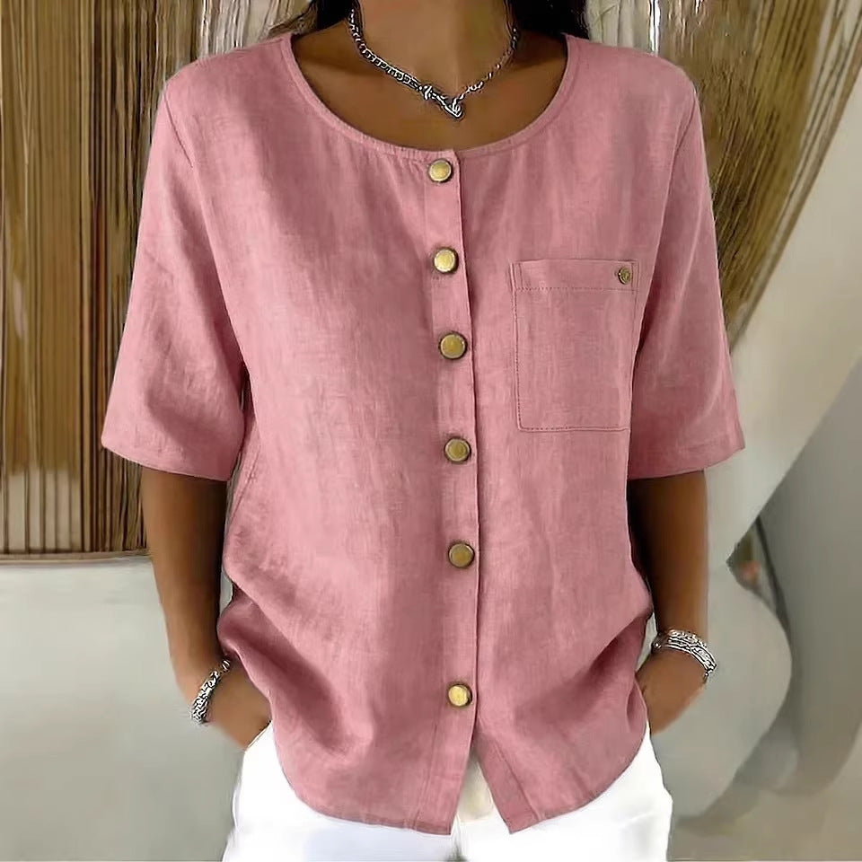 Crew-Neck 3/4 Sleeve Shirt with Metal Buttons – 7 Colors, S–3XL