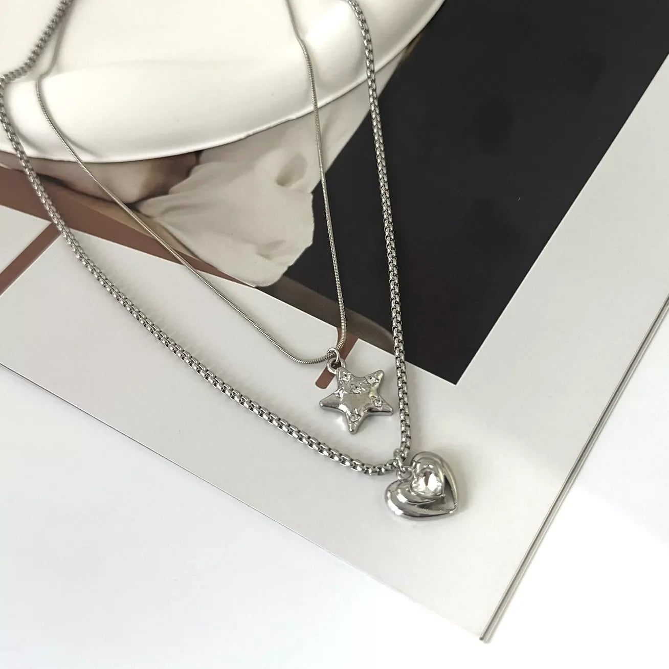 2-Piece Star and Heart Pendant Necklace