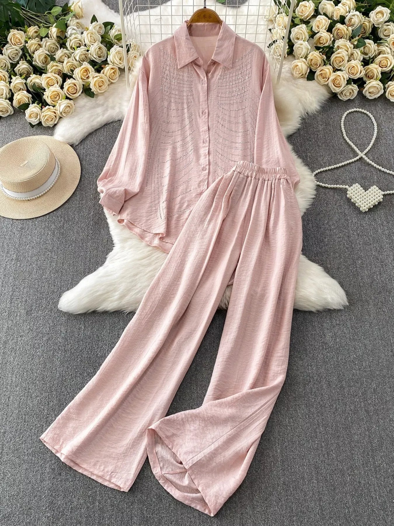 Rhinestone Button Up Shirt and Pants Set