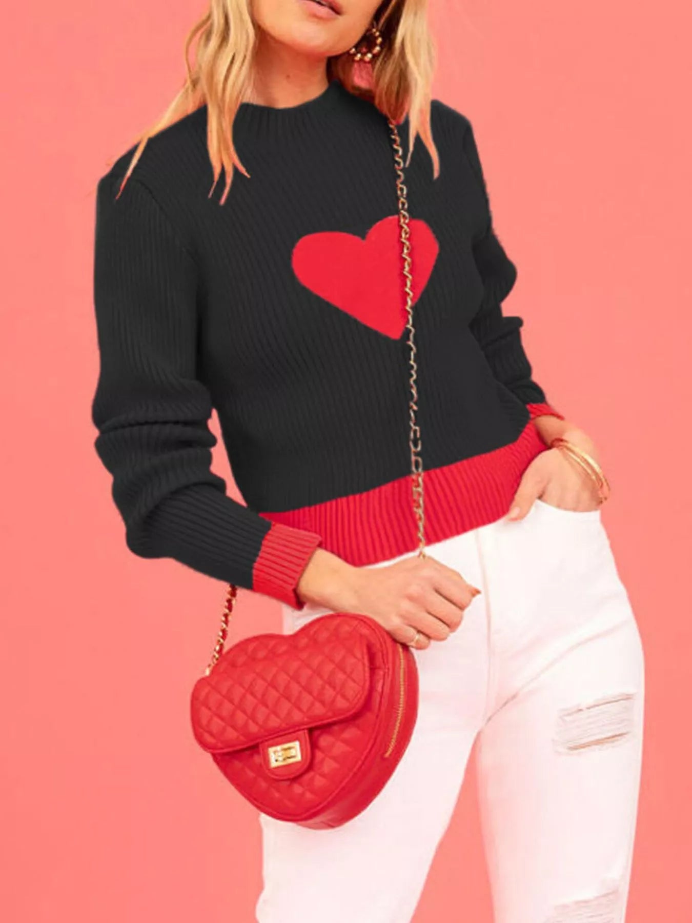Color-Block Heart Pattern Ribbed Knit Sweater