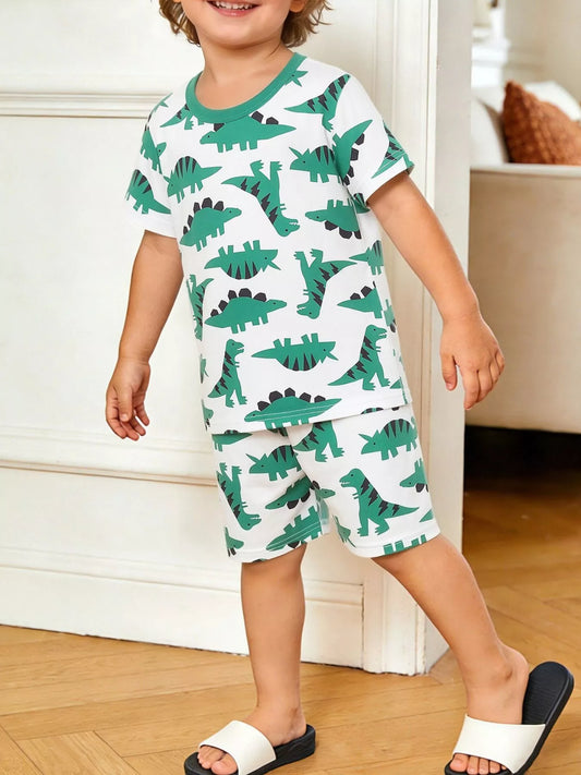 Children's Dinosaur Print Casual Tee and Shorts Set