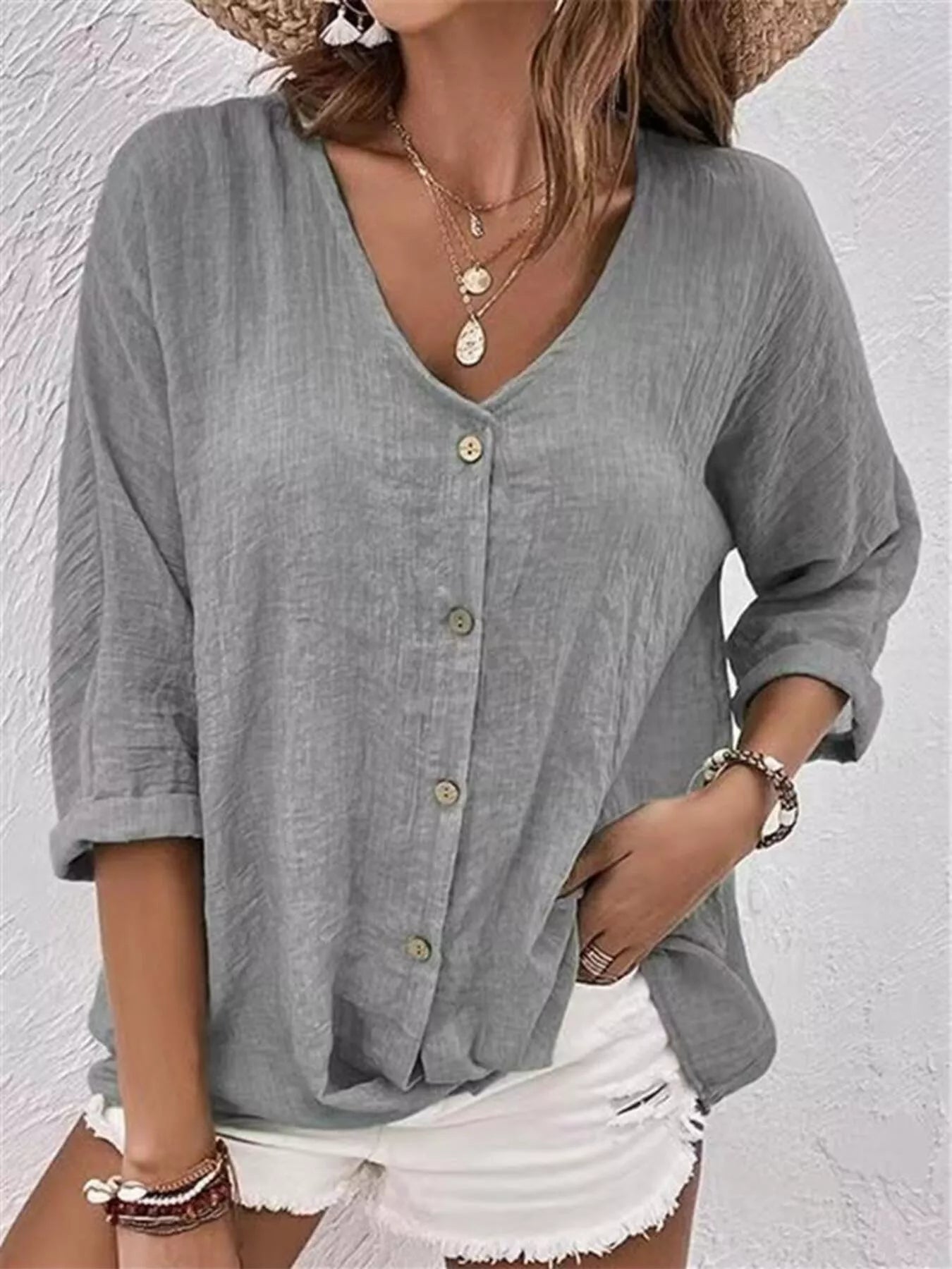 Full Size Casual V-Neck Button-Down Blouse Plus Size