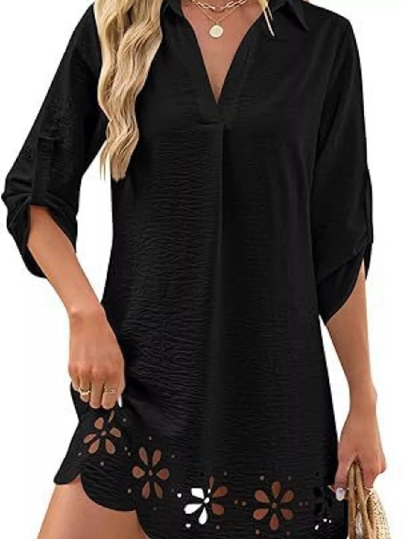 Scalloped Eyelet Hem Roll-Up Sleeve Dress