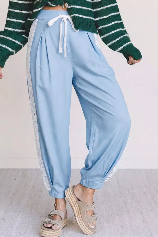 Lace Accent Floral Patched Pocket Pleated Wide Leg Slouchy Pants